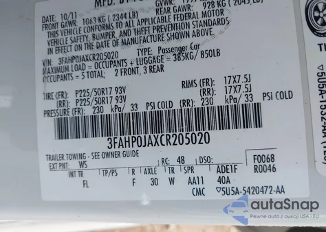 2012 Ford Fusion Sel из США, поврежденный, VIN 3FAHP0JAXCR205020